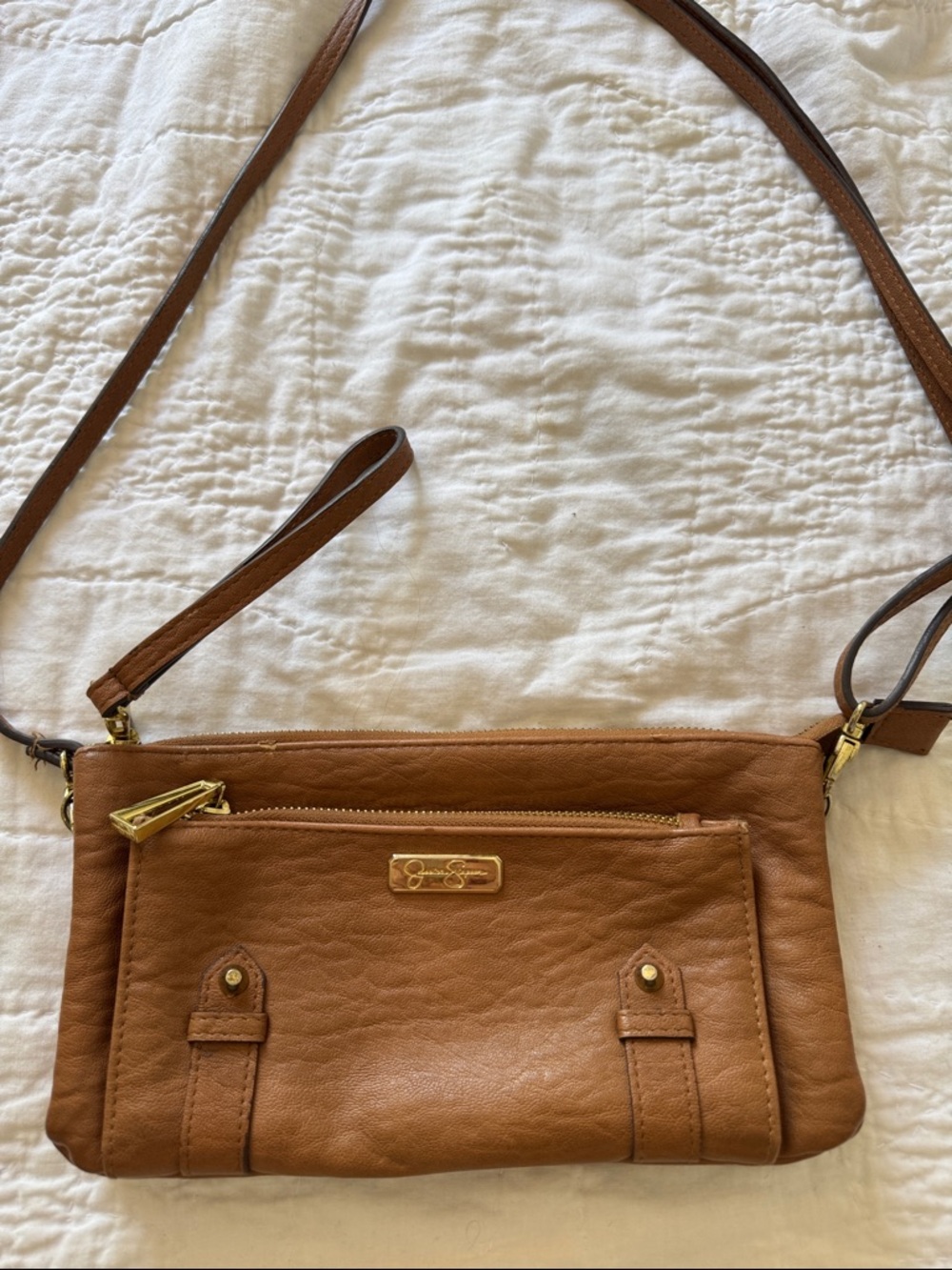Jessica Simpson Tan Leather Crossbody Bag with Gold Accents